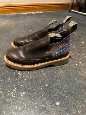 Georgia Boot Brown Leather Chelsea Boots with Blue Patterned Heel